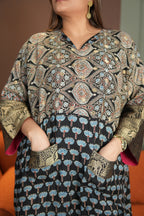 Chand Jhola Ajrakh Dola Silk Dress with Banarasi Brocade