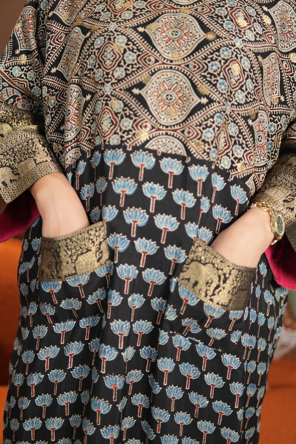 Chand Jhola Ajrakh Dola Silk Dress with Banarasi Brocade