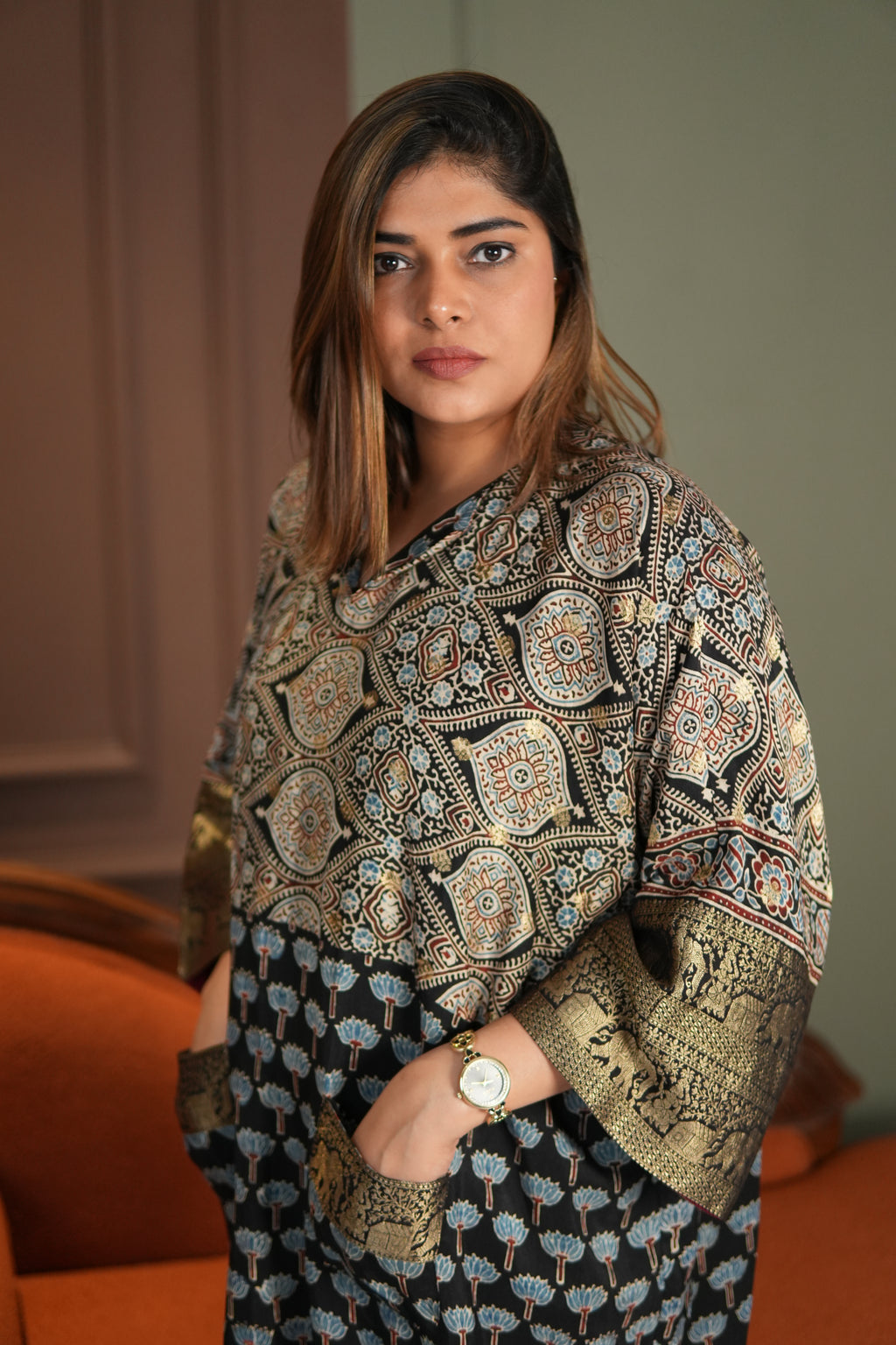 Chand Jhola Ajrakh Dola Silk Dress with Banarasi Brocade