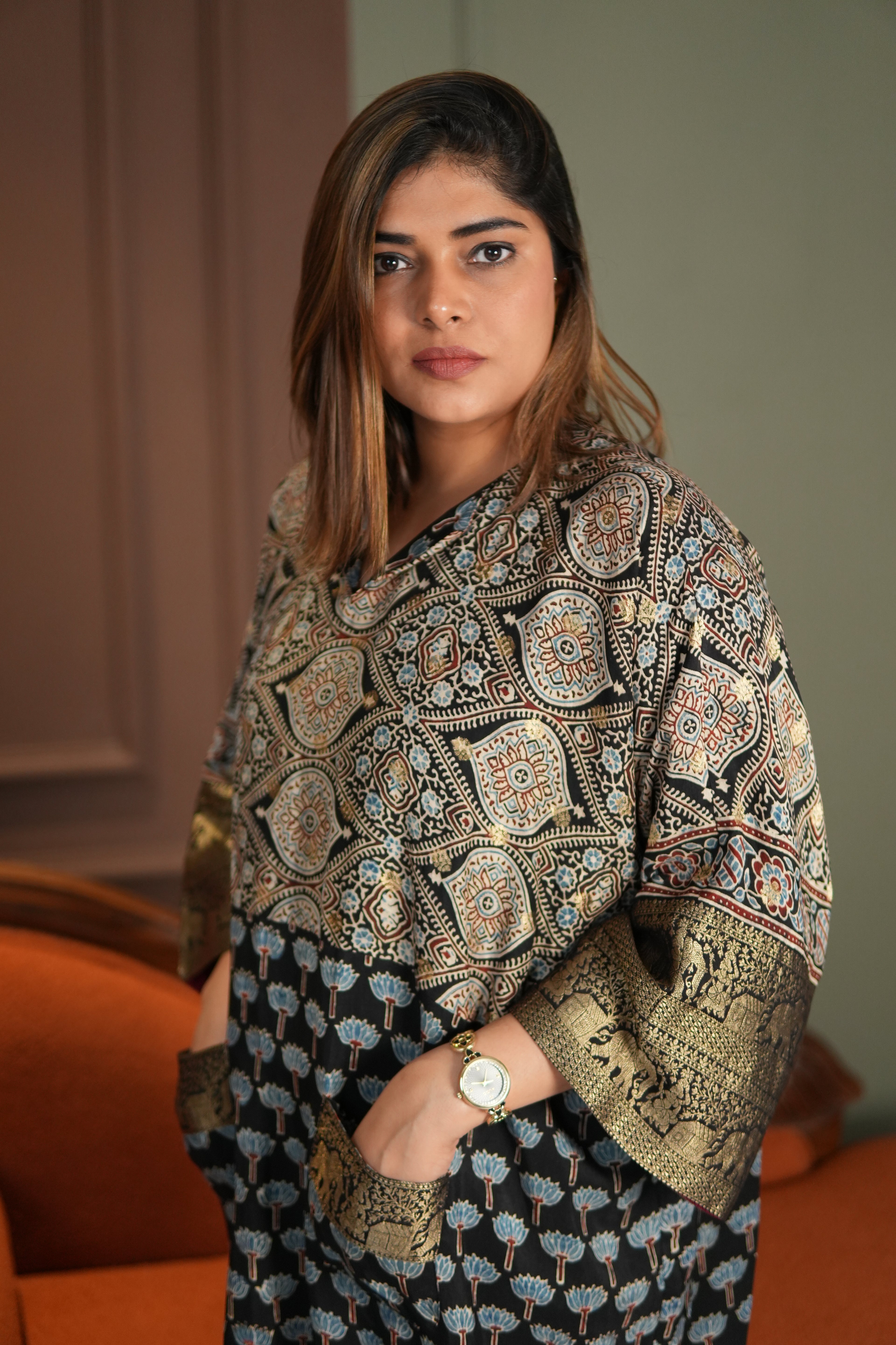 Chand Jhola Ajrakh Dola Silk Dress with Banarasi Brocade