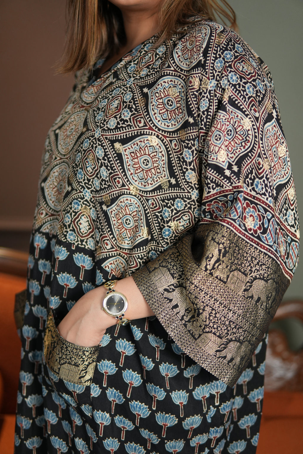 Chand Jhola Ajrakh Dola Silk Dress with Banarasi Brocade