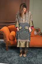 Chand Jhola Ajrakh Dola Silk Dress with Banarasi Brocade