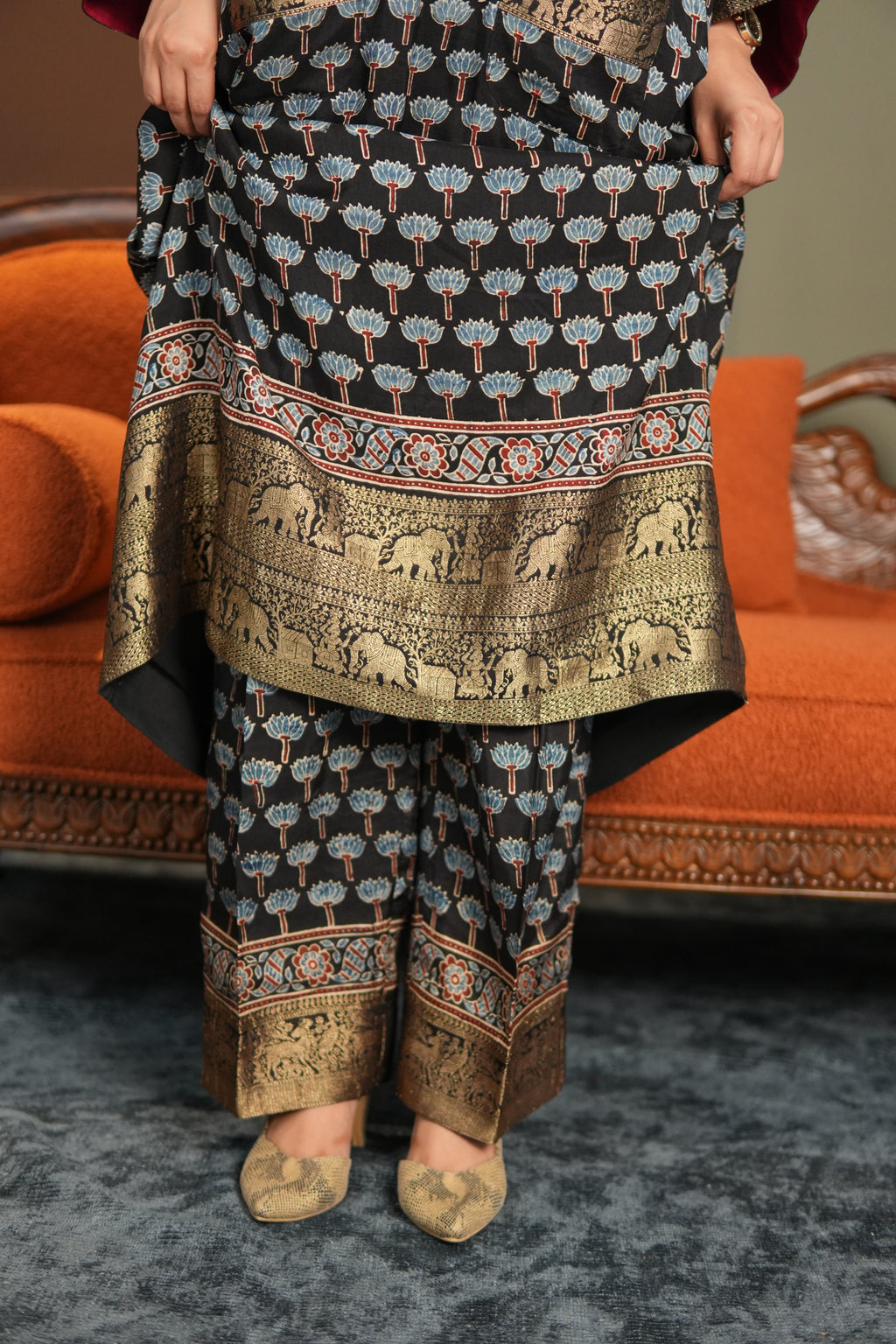 Chand Jhola Ajrakh Dola Silk Dress with Banarasi Brocade