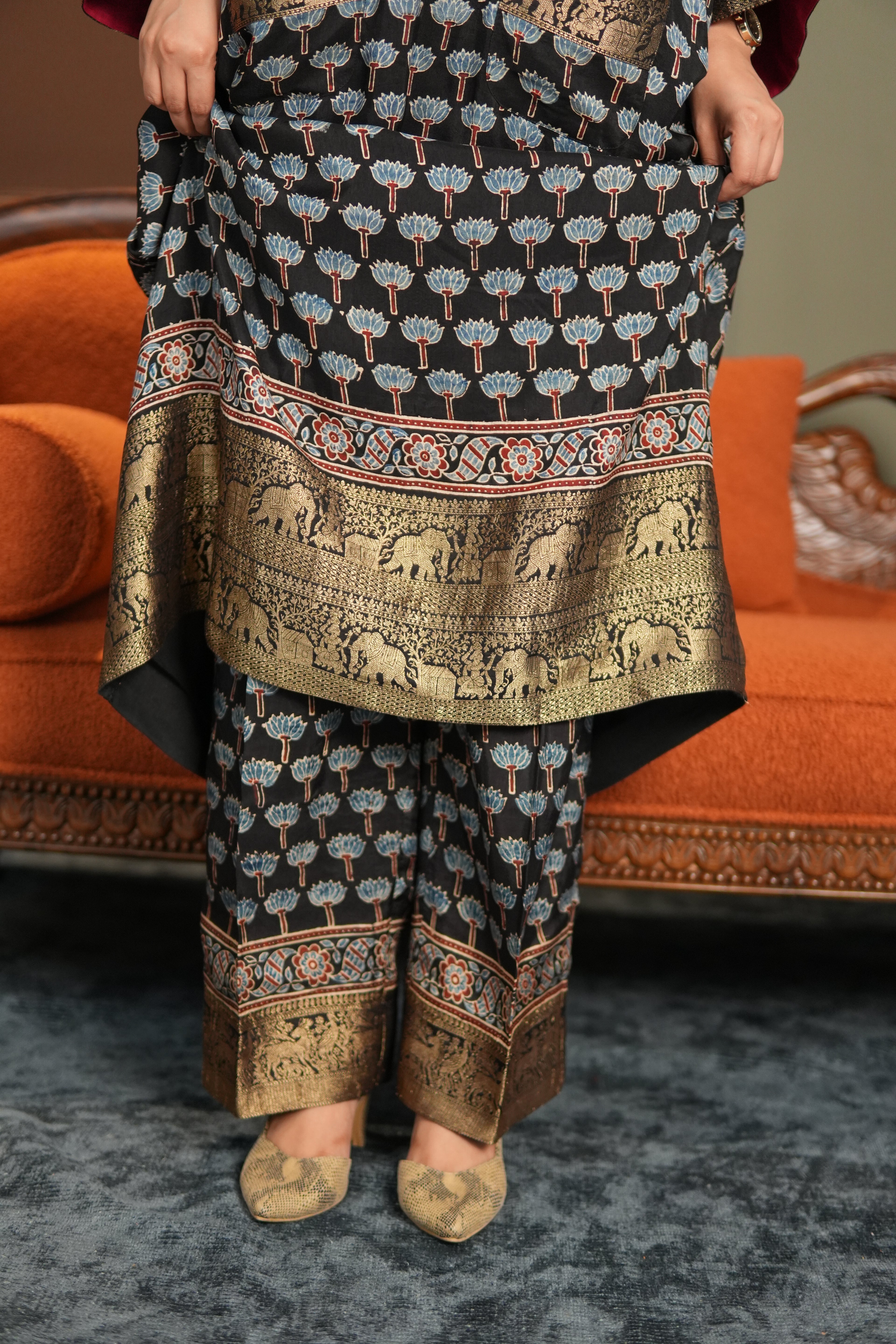 Chand Jhola Ajrakh Dola Silk Dress with Banarasi Brocade