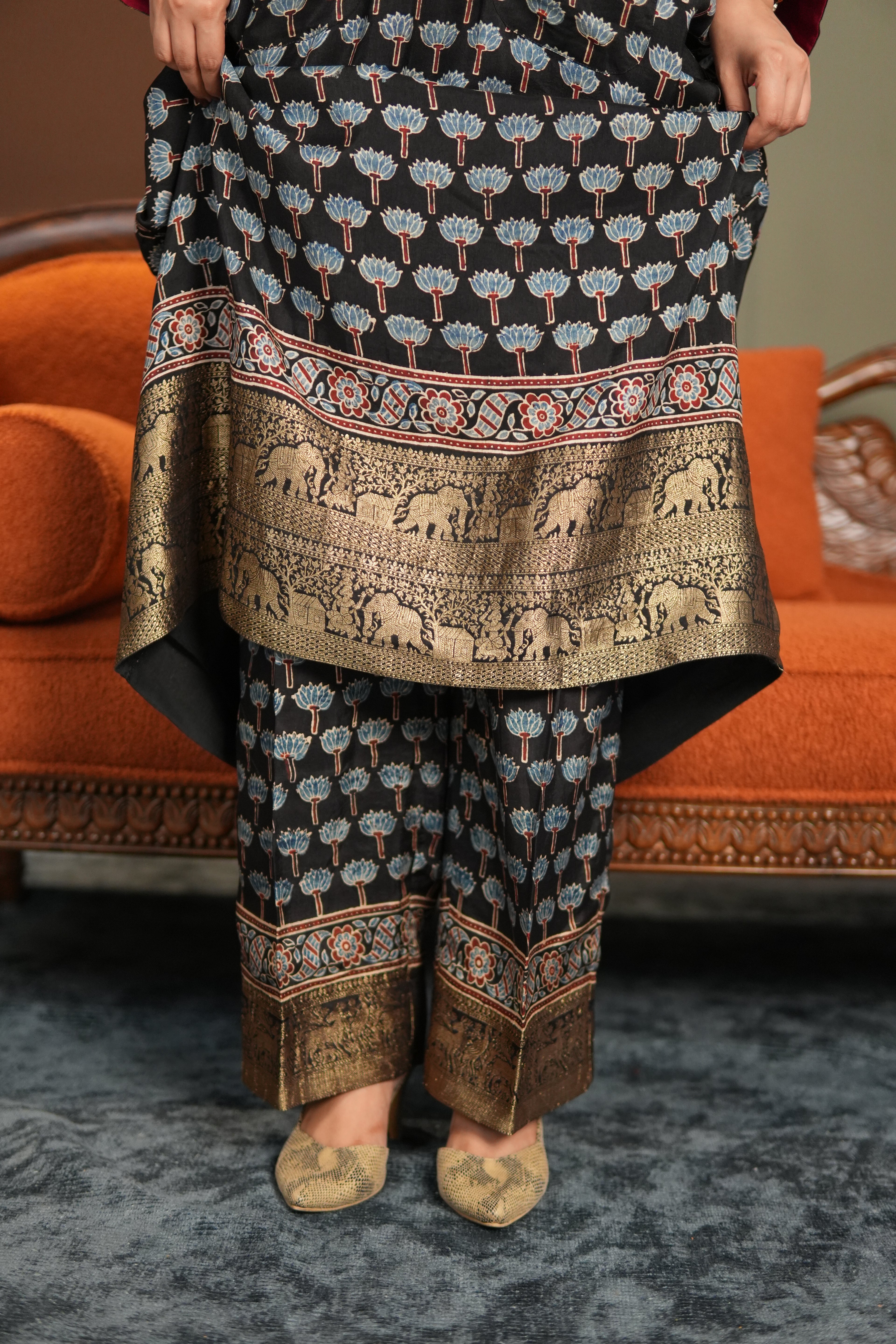 Chand Jhola Ajrakh Dola Silk Dress with Banarasi Brocade