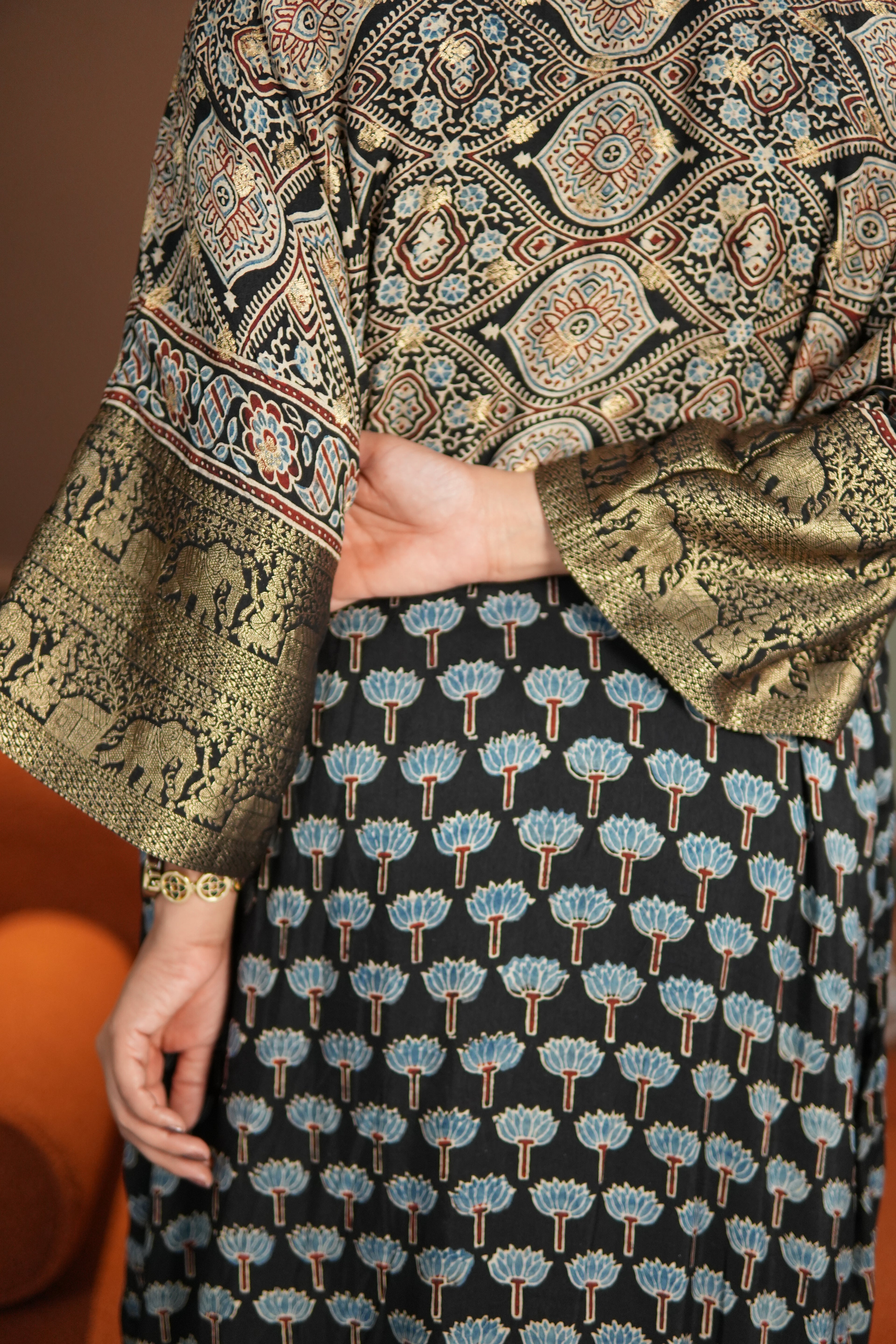 Chand Jhola Ajrakh Dola Silk Dress with Banarasi Brocade