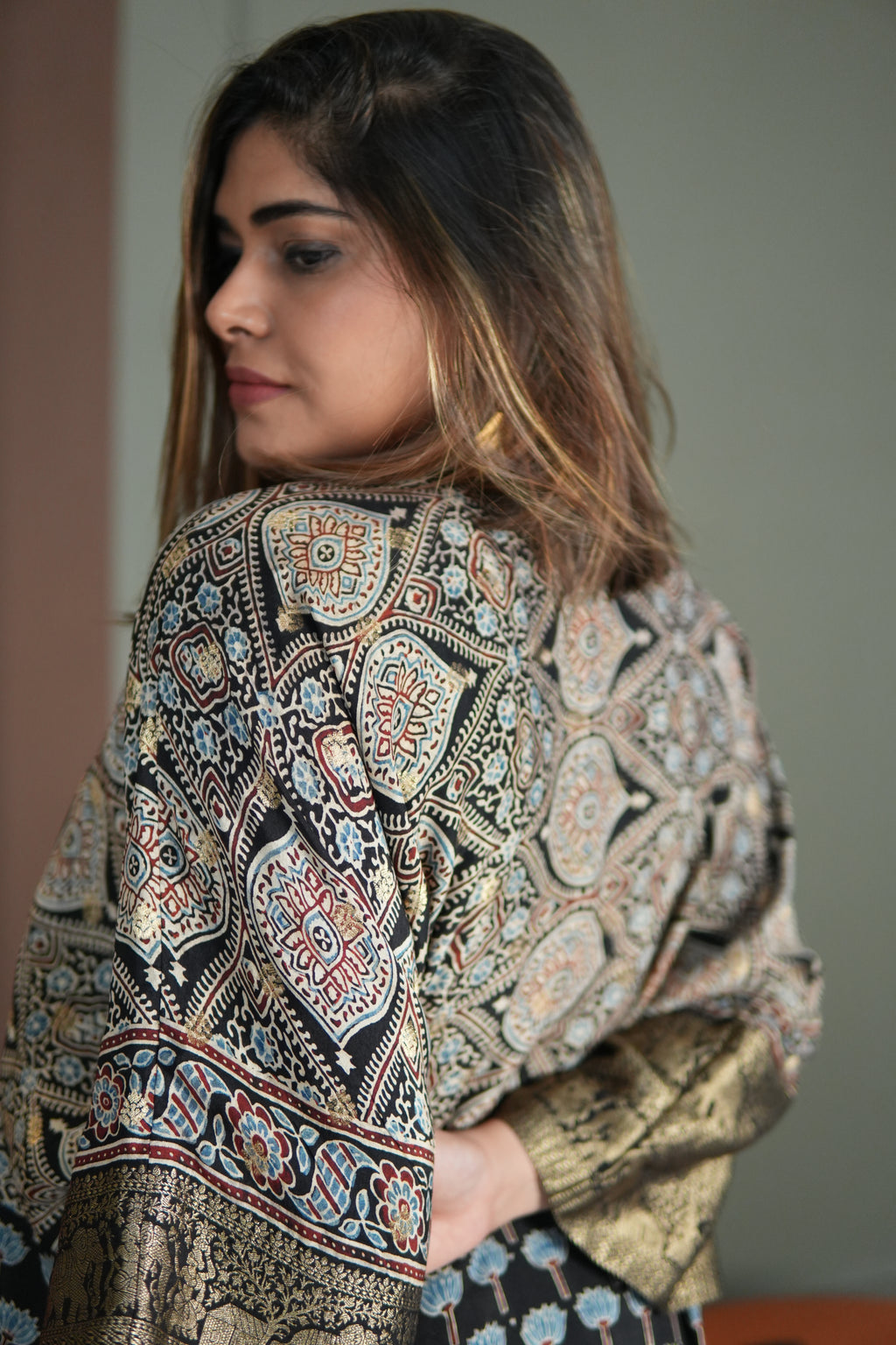 Chand Jhola Ajrakh Dola Silk Dress with Banarasi Brocade