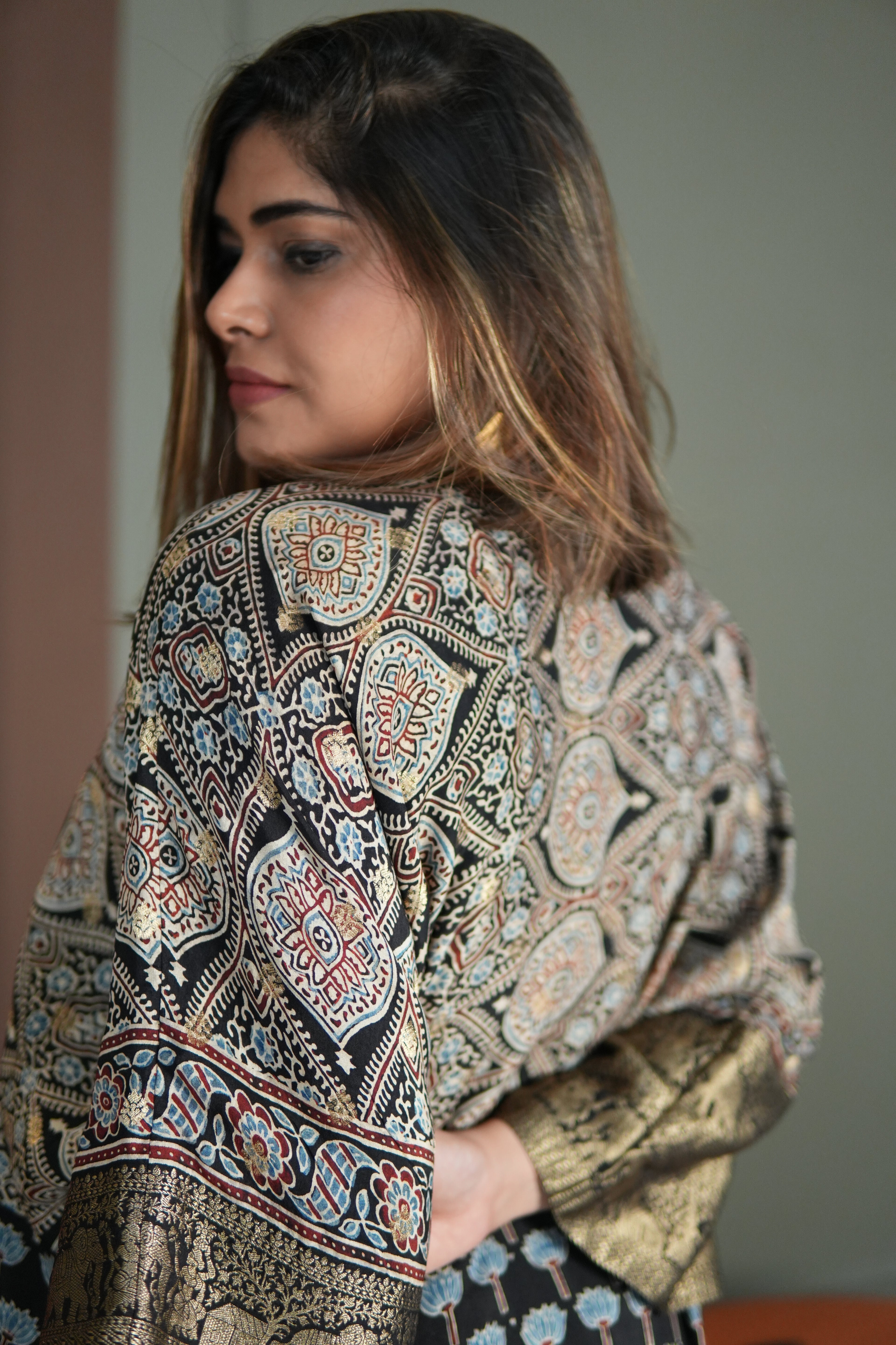 Chand Jhola Ajrakh Dola Silk Dress with Banarasi Brocade