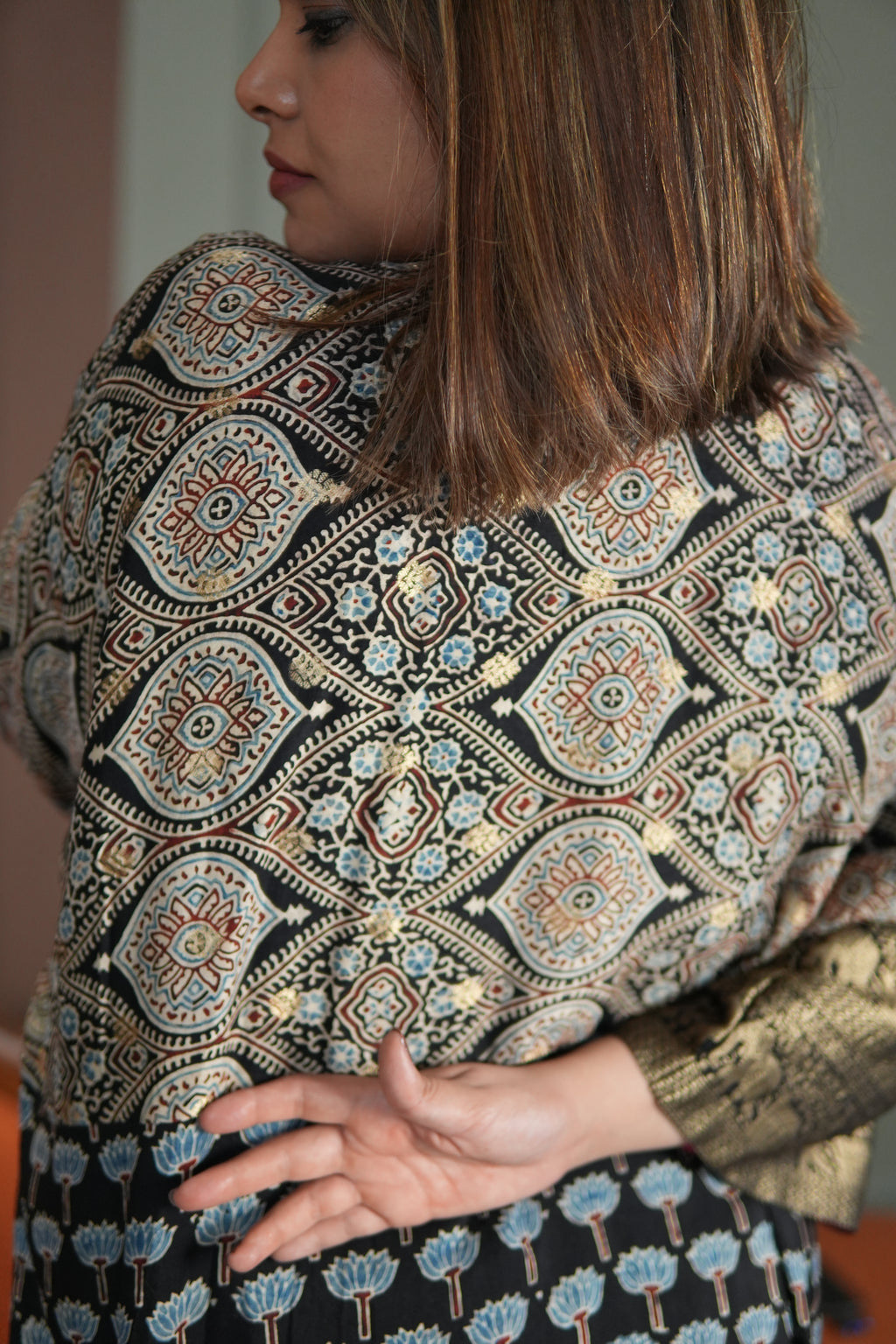 Chand Jhola Ajrakh Dola Silk Dress with Banarasi Brocade
