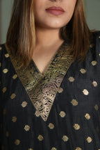 Noor-e-Zeba Black Dola Silk Kaftan Set with Banarasi Brocade