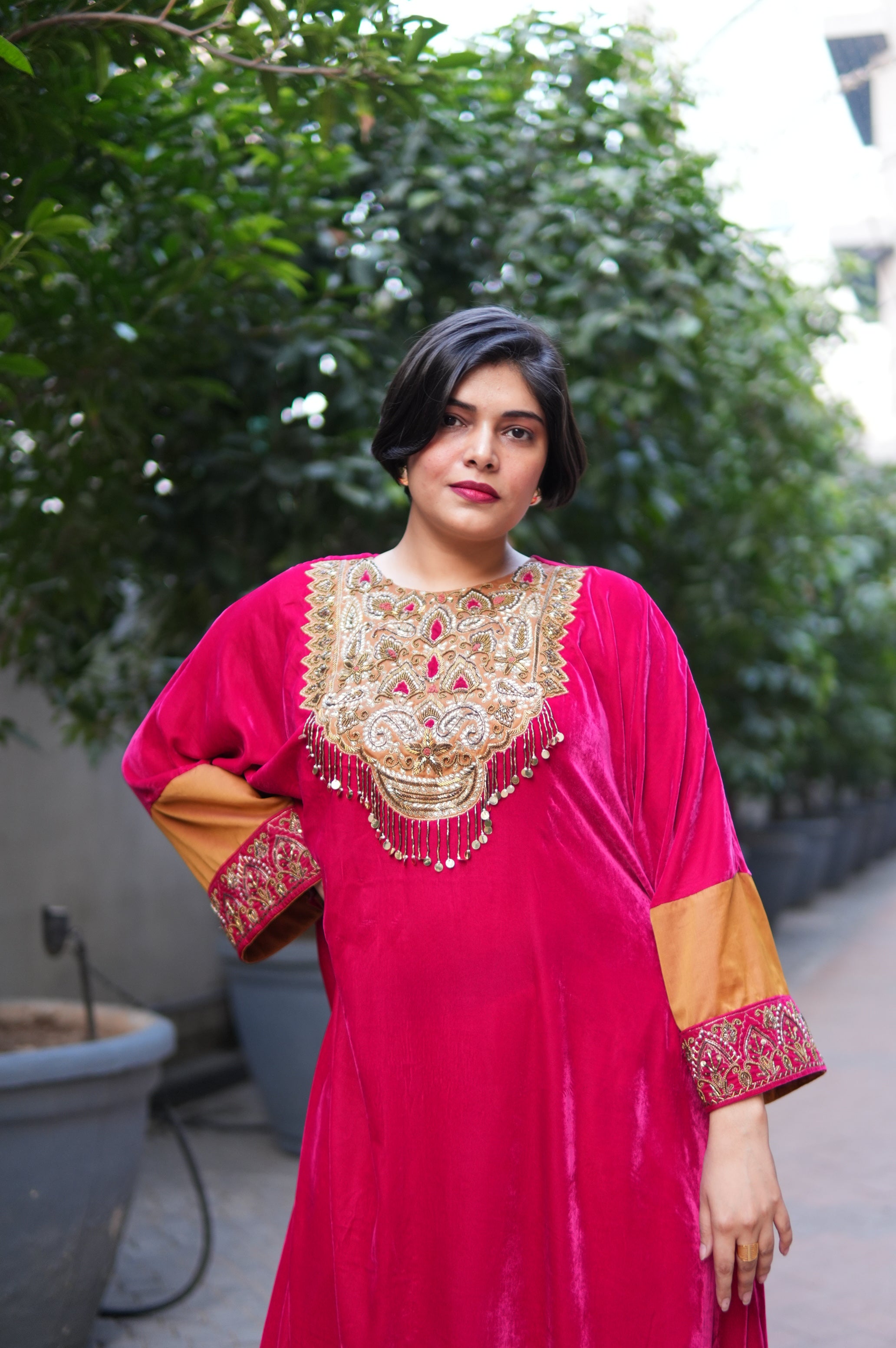 Raabta Fuschia Velvet Long Kurta and Pants