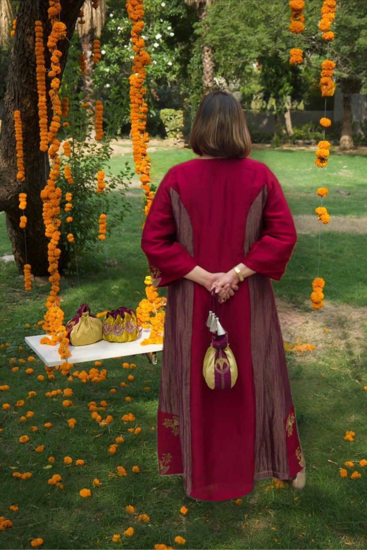 Mehar Hand-Embroidered Stripped Tissue Panelled Long Dress - Silk - Detail Shot - Chidiyaa