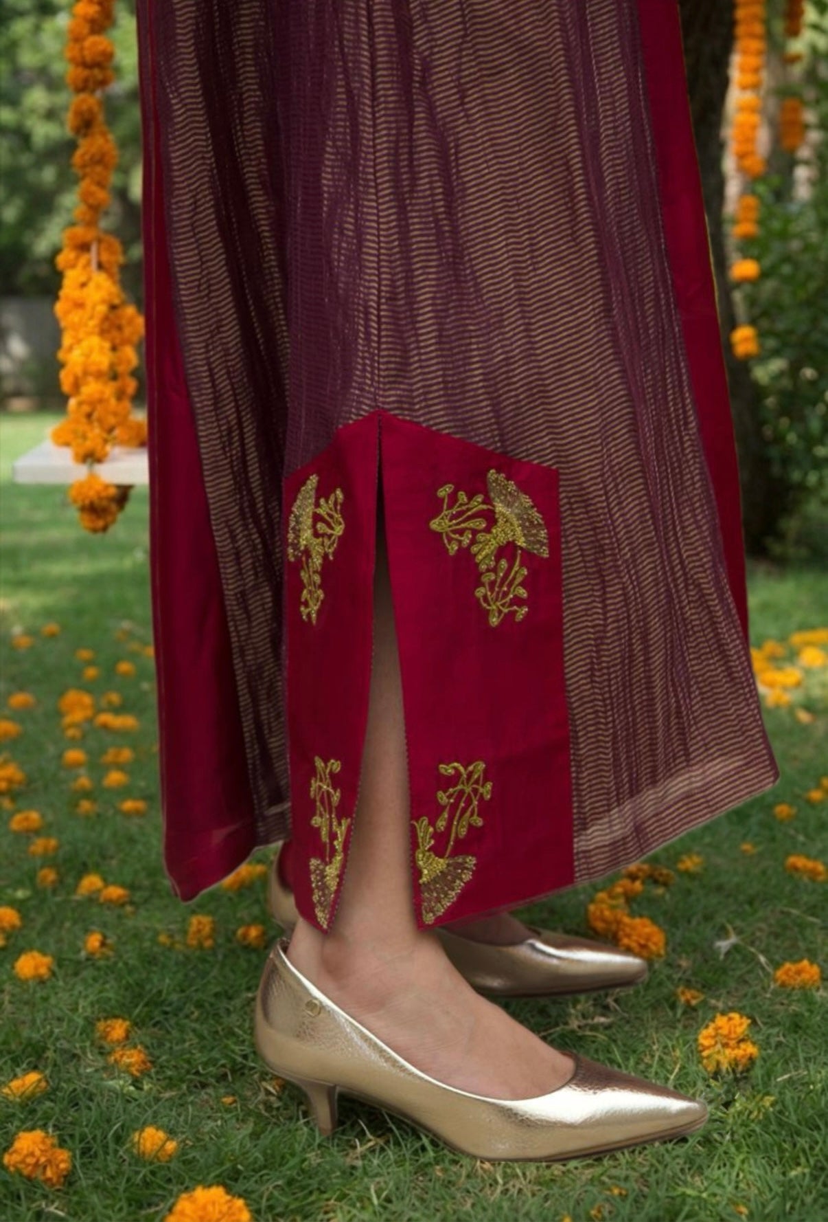 Mehar Hand-Embroidered Stripped Tissue Panelled Long Dress - Indian Summer