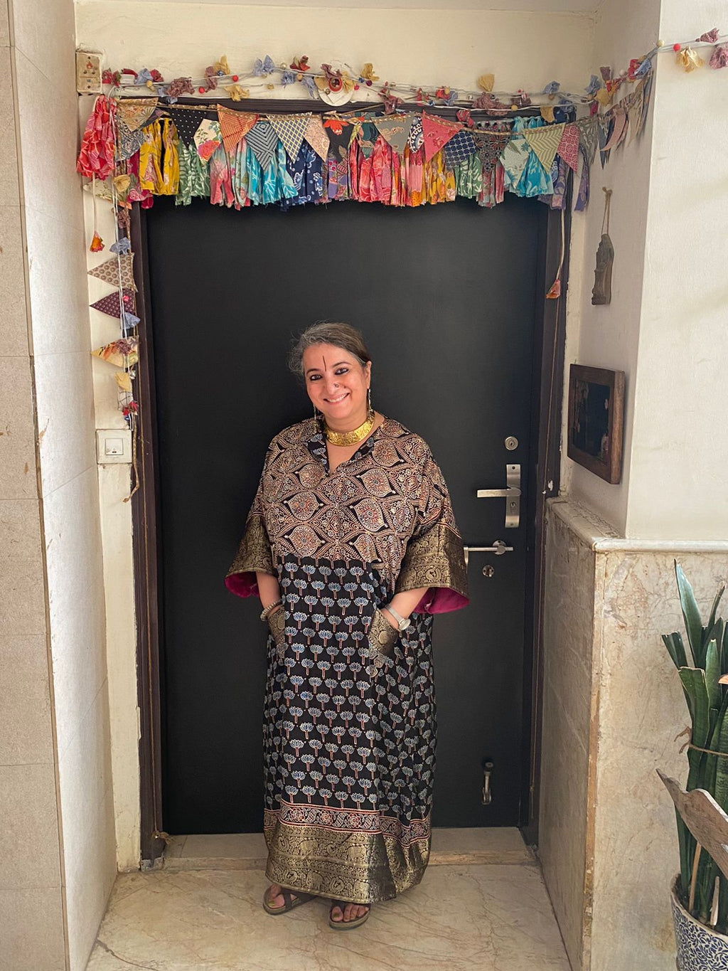 Chand Jhola Ajrakh Dola Silk Dress with Banarasi Brocade