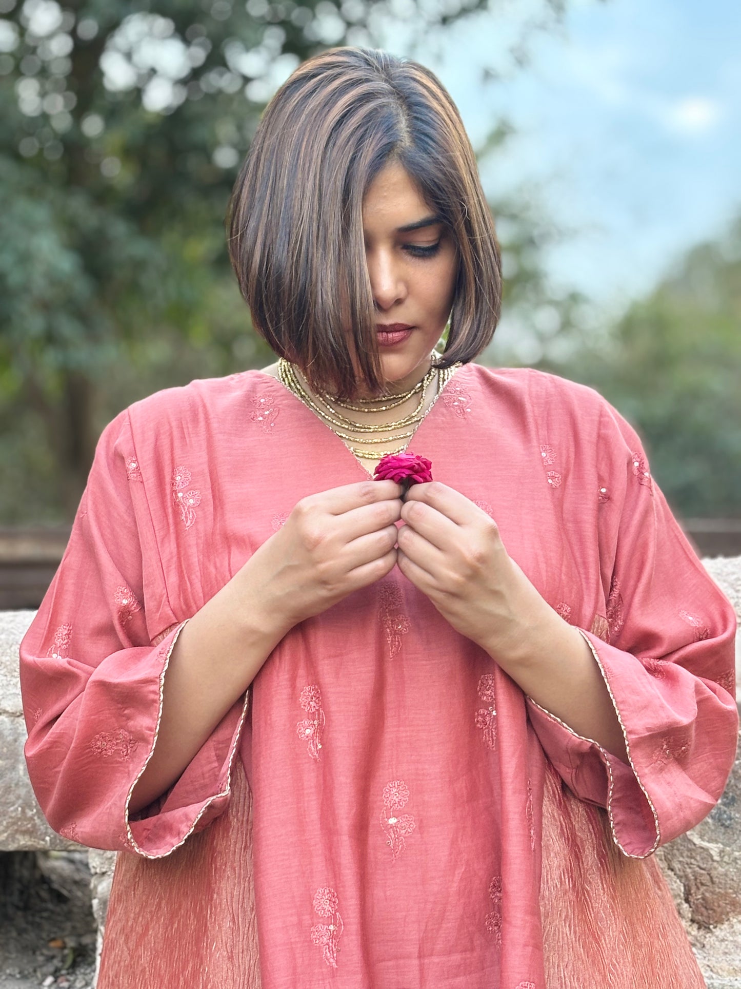 PANKHURI MUL COTTON TUNIC AND CRUSHED TISSUE PANTS