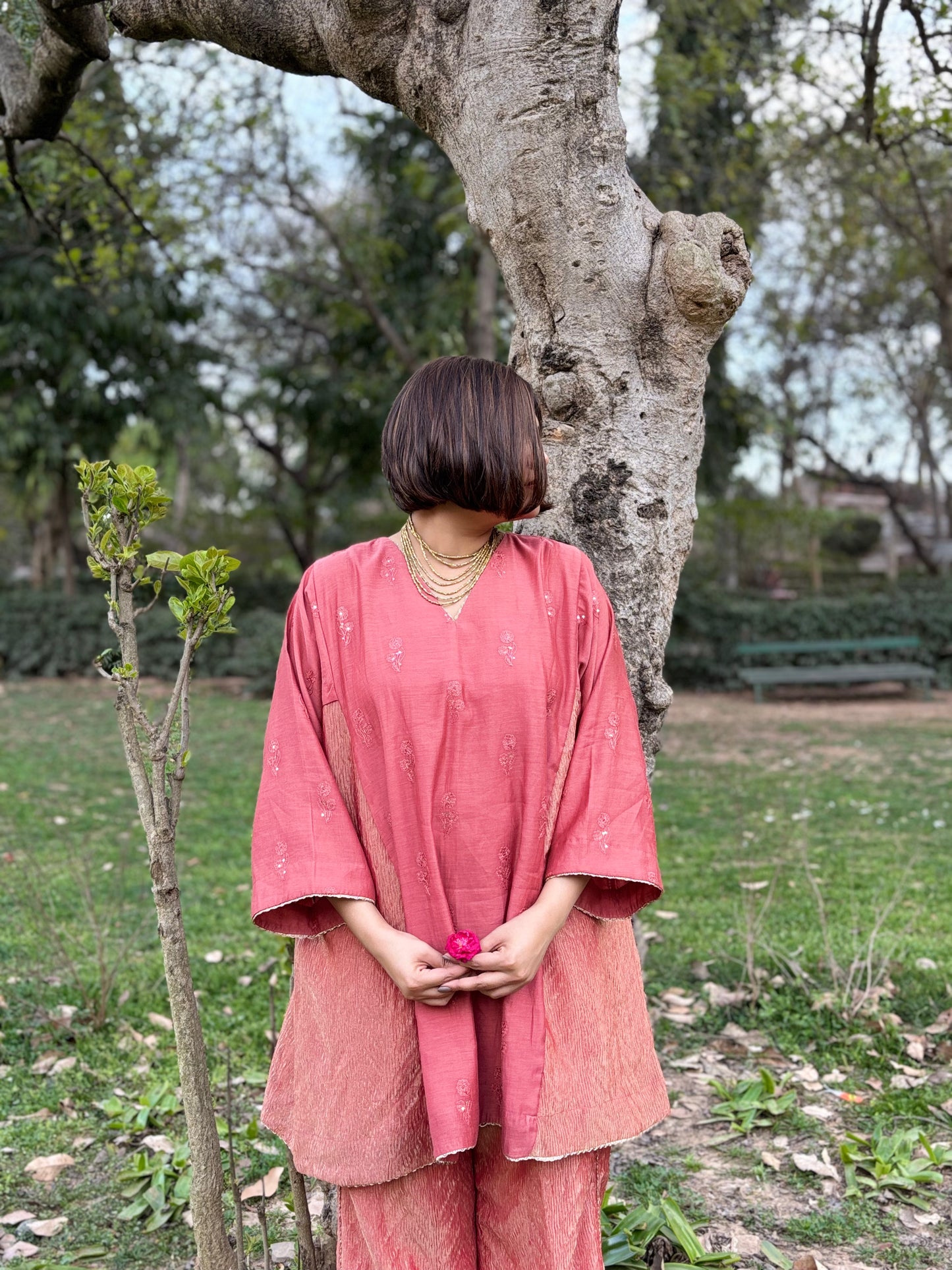 PANKHURI MUL COTTON TUNIC AND CRUSHED TISSUE PANTS