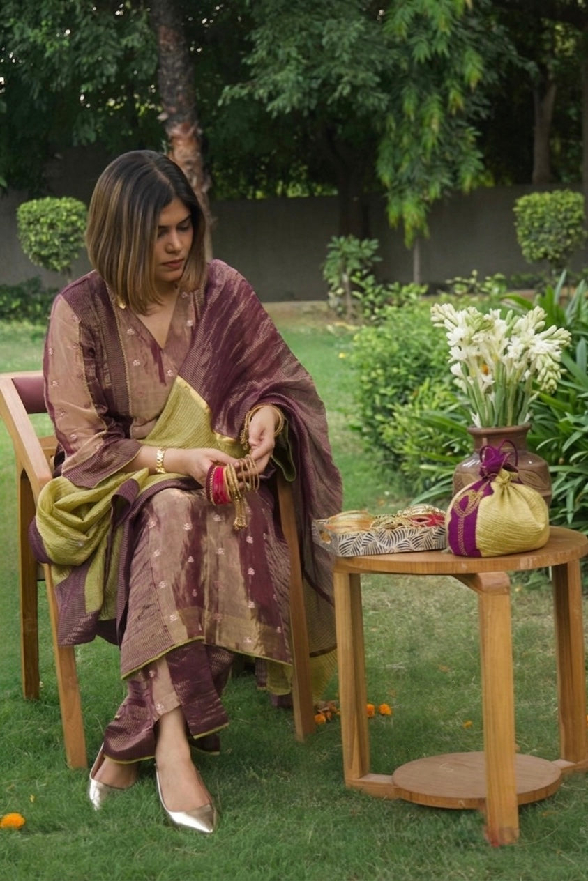 ANTARA Hand-Embroidered Pure Tissue Kurta, Pants and Dupatta Set - Indian Summer