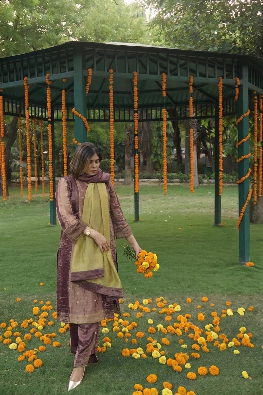 ANTARA Hand-Embroidered Pure Tissue Kurta, Pants and Dupatta Set - Indian Summer