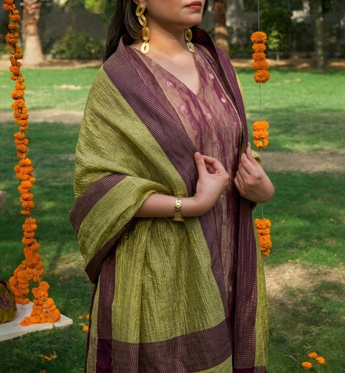 ANTARA Hand-Embroidered Pure Tissue Kurta, Pants and Dupatta Set