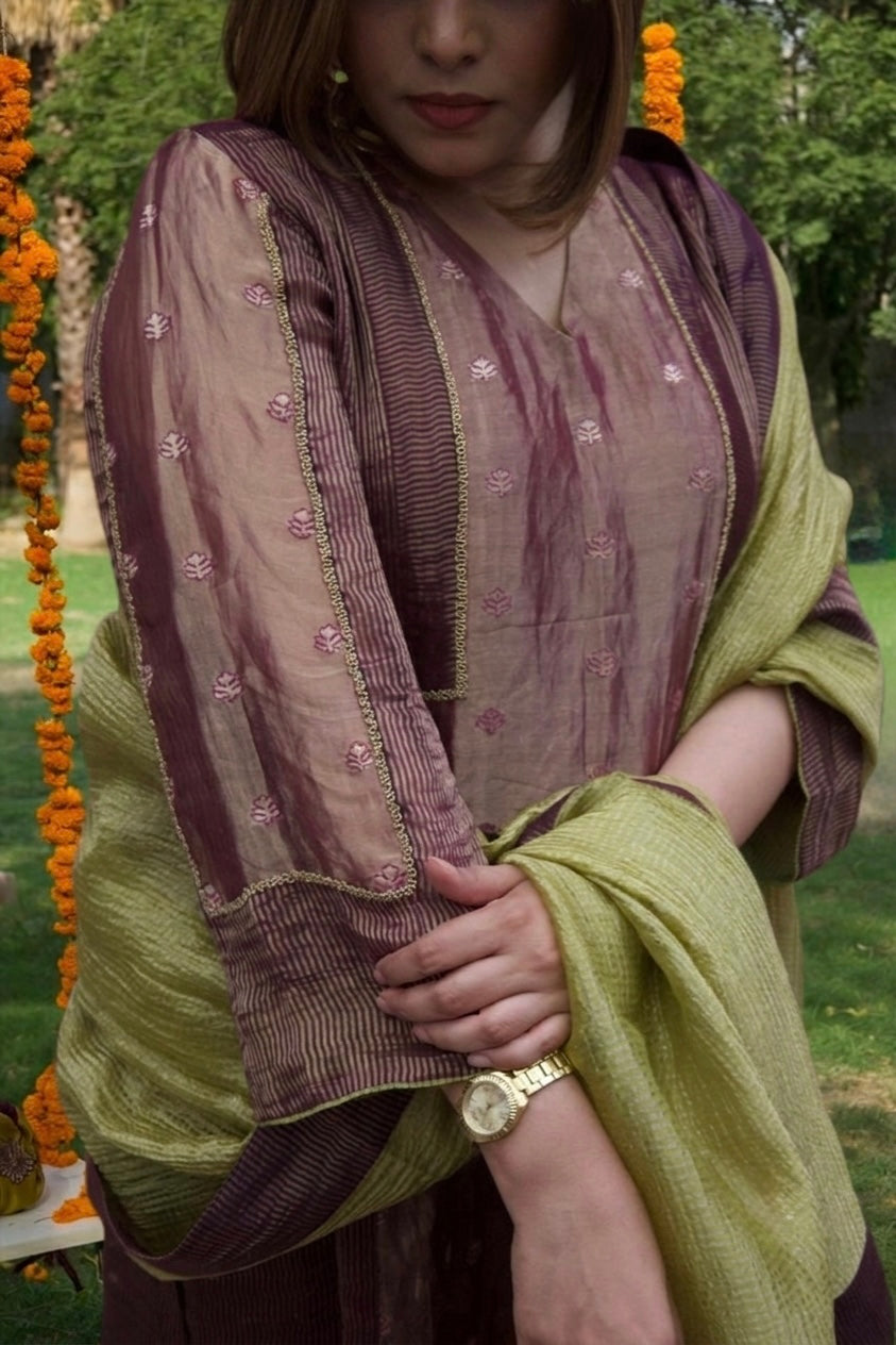 ANTARA Hand-Embroidered Pure Tissue Kurta, Pants and Dupatta Set - Indian Summer