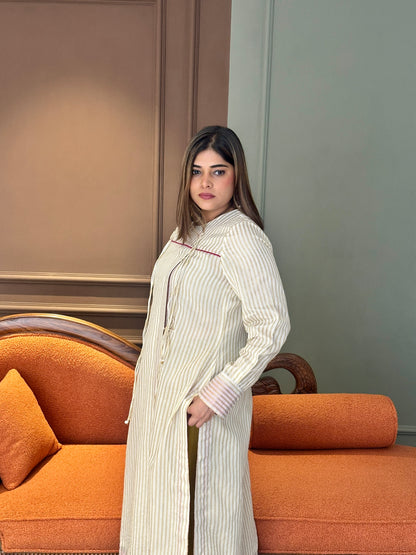 SEHAJ CHANDERI SILK ANGRAKHA TUNIC WITH GOLDEN MASHRU SILK PANTS