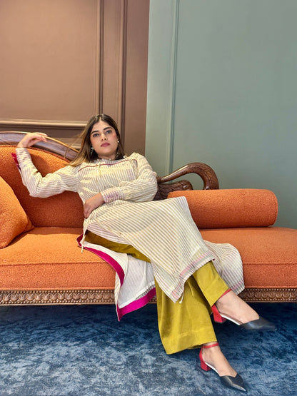 SEHAJ CHANDERI SILK ANGRAKHA TUNIC WITH GOLDEN MASHRU SILK PANTS