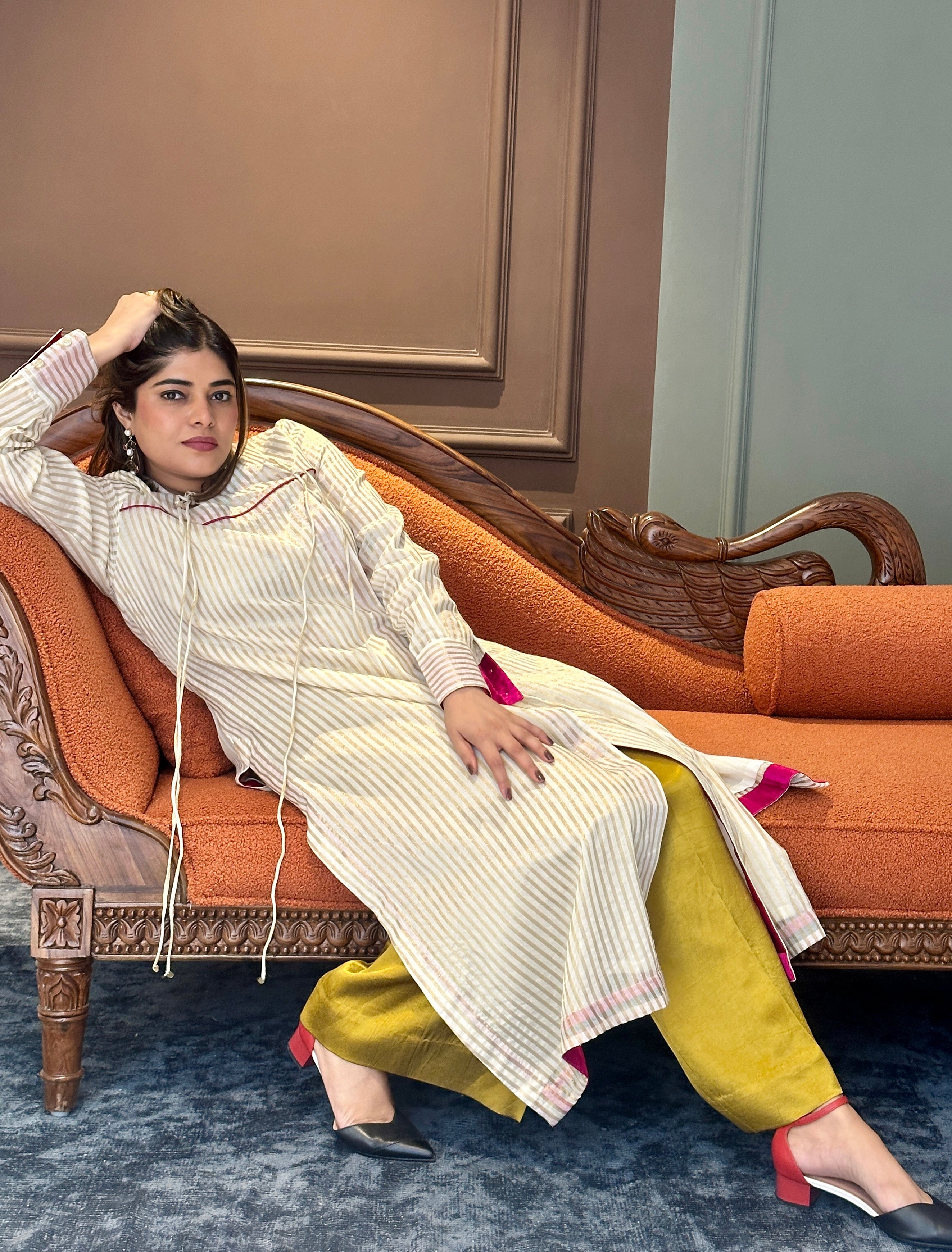 SEHAJ CHANDERI SILK ANGRAKHA TUNIC WITH GOLDEN MASHRU SILK PANTS