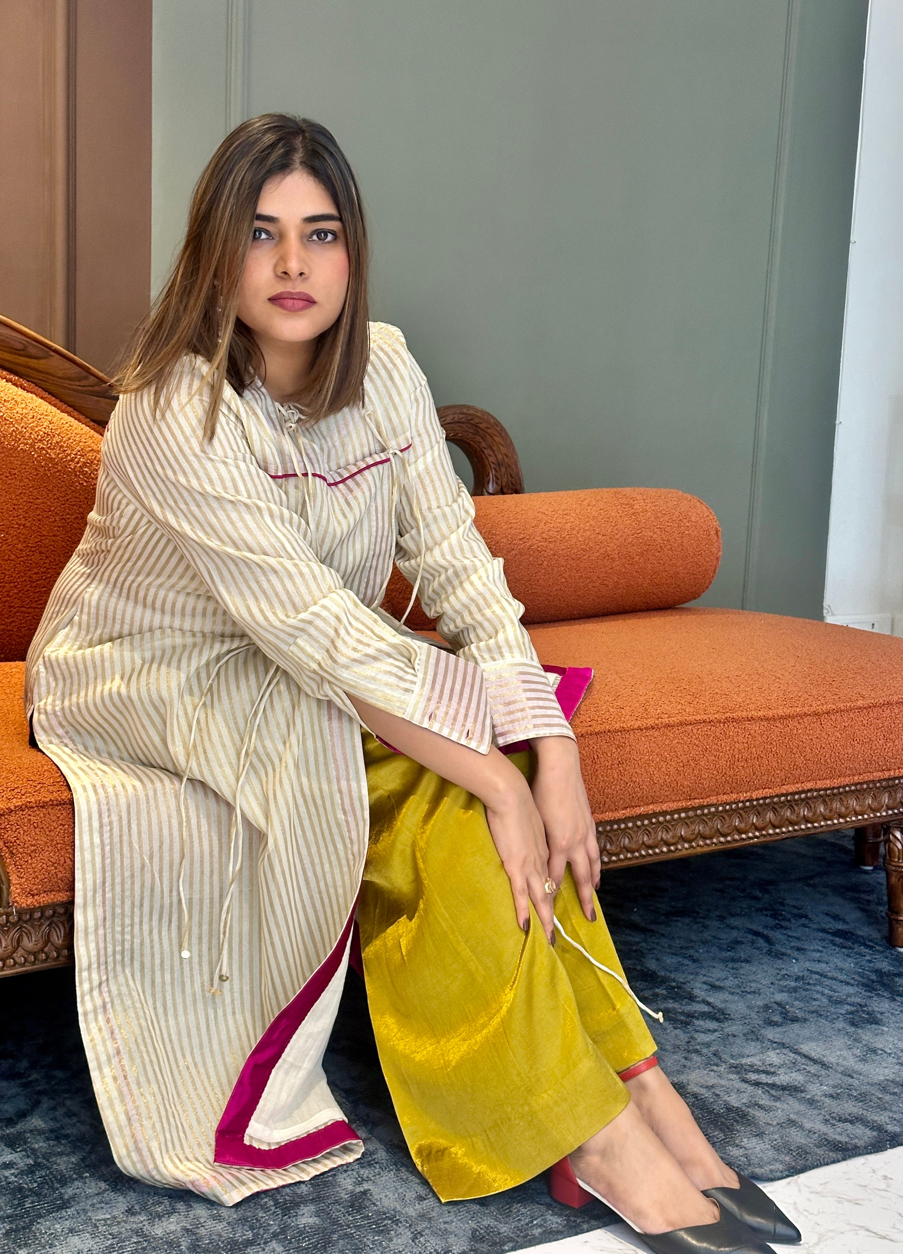 SEHAJ CHANDERI SILK ANGRAKHA TUNIC WITH GOLDEN MASHRU SILK PANTS