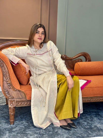 SEHAJ CHANDERI SILK ANGRAKHA TUNIC WITH GOLDEN MASHRU SILK PANTS