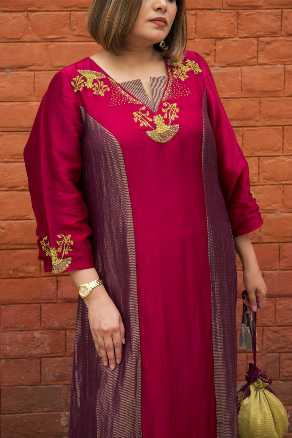 Mehar Hand-Embroidered Stripped Tissue Paneeled Long Dress