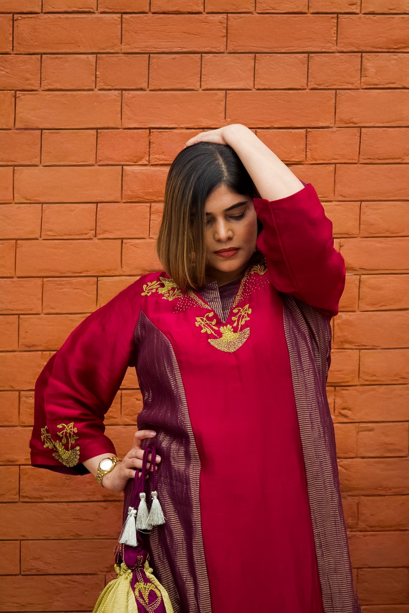 Mehar Hand-Embroidered Stripped Tissue Paneeled Long Dress