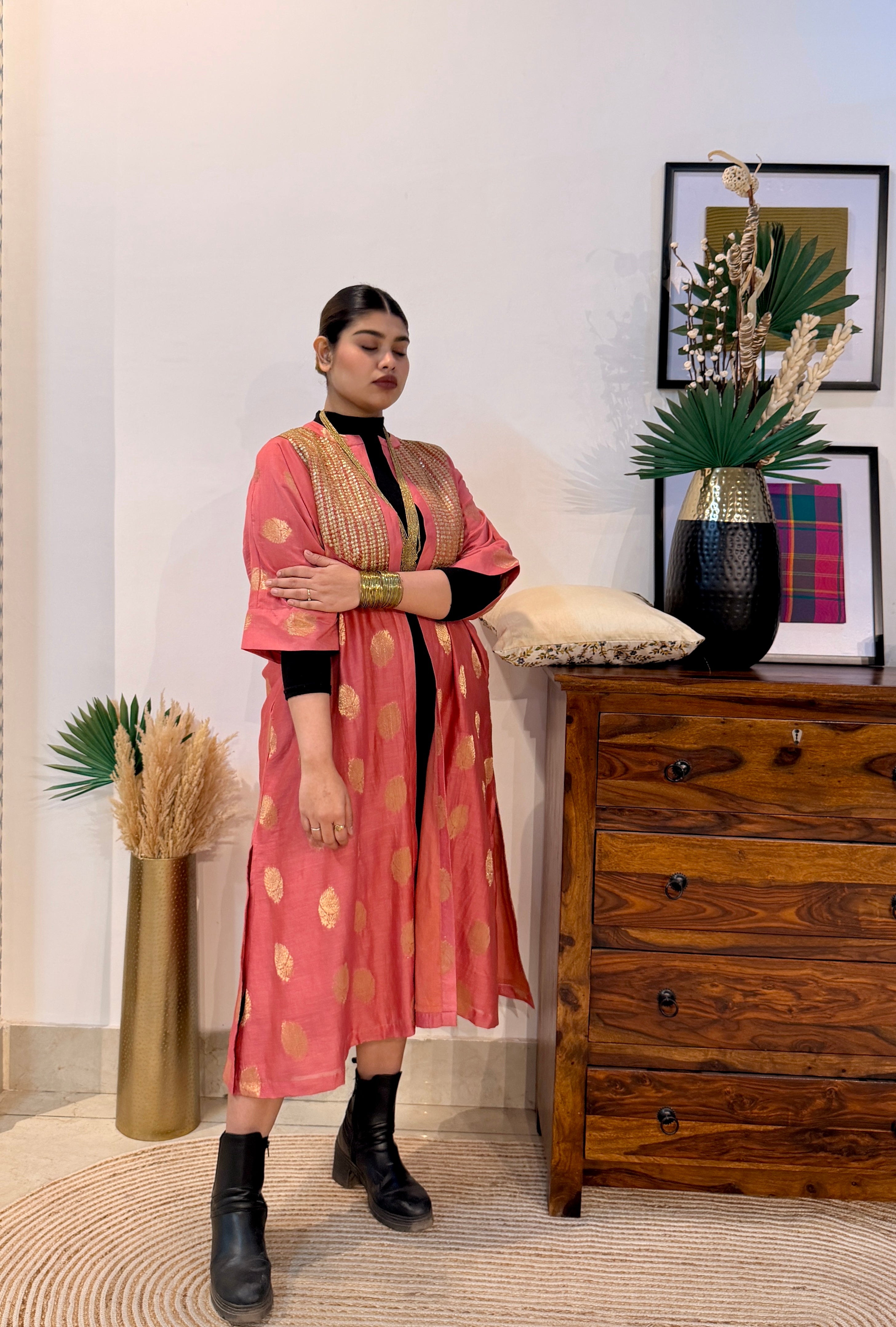 Zarafshan Rose Chanderi Silk Overlay