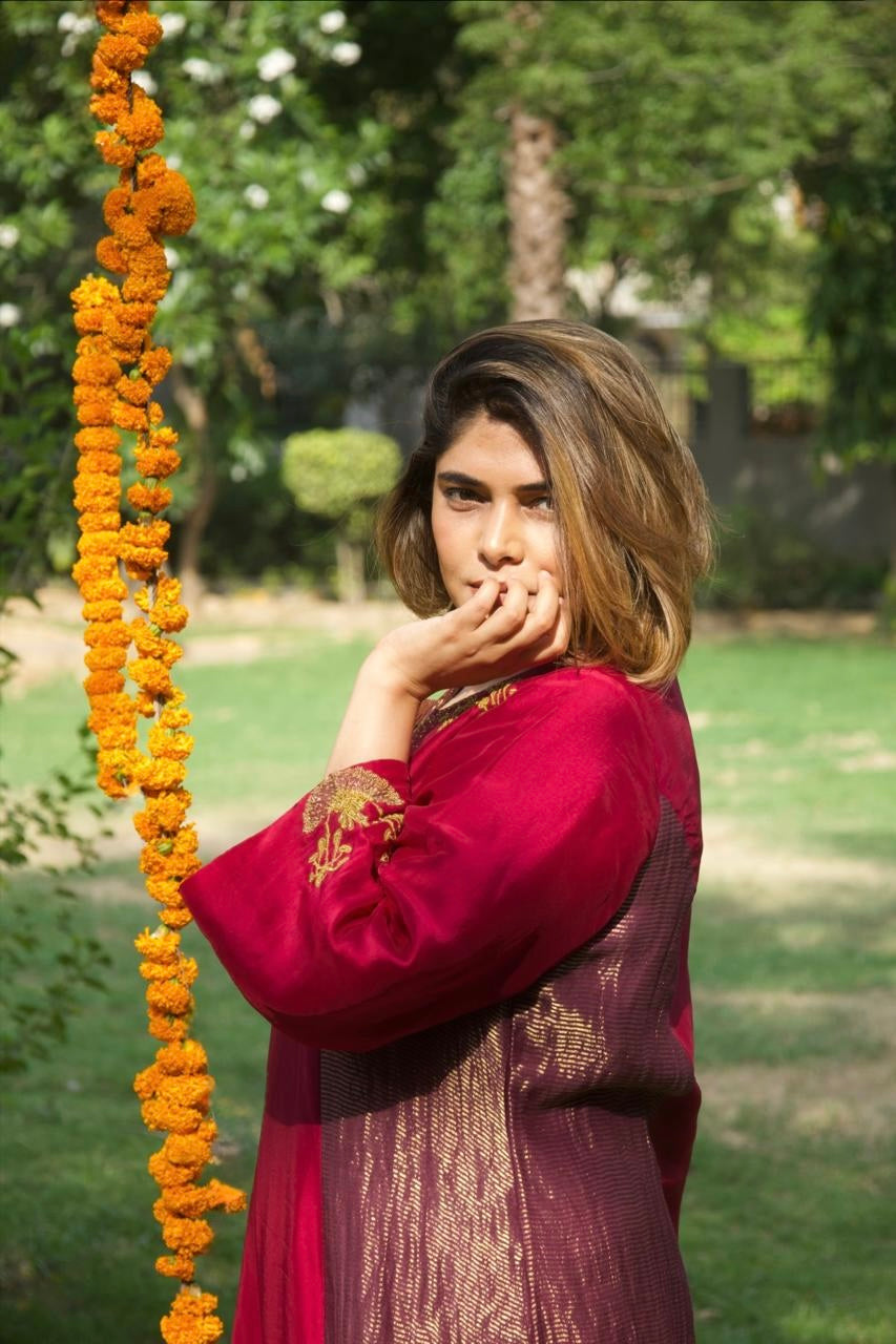 Mehar Hand-Embroidered Stripped Tissue Panelled Long Dress - Silk - Full Outfit View - Chidiyaa