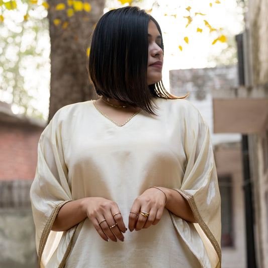 IVORY VISCOSE SILK KAFTAN AND GOLD PANTS