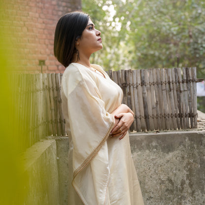 IVORY VISCOSE SILK KAFTAN AND GOLD PANTS