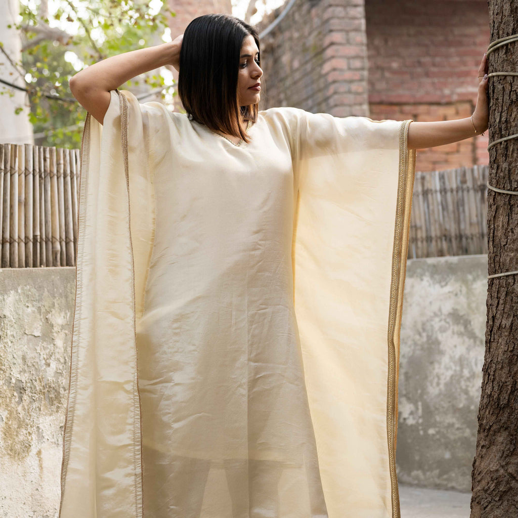 IVORY VISCOSE SILK KAFTAN AND GOLD PANTS