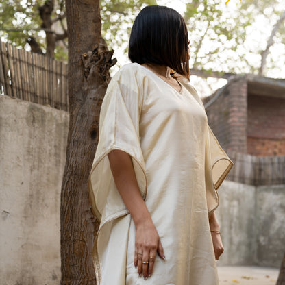 IVORY VISCOSE SILK KAFTAN AND GOLD PANTS