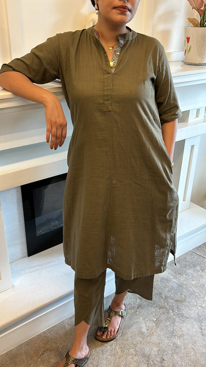 OLIVE LINEN SHORT KURTA CO-ORD SET