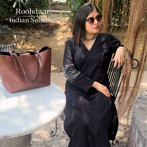 BLACK A-LINE LINEN KURTA AND LINEN PLAIN PANTS SET